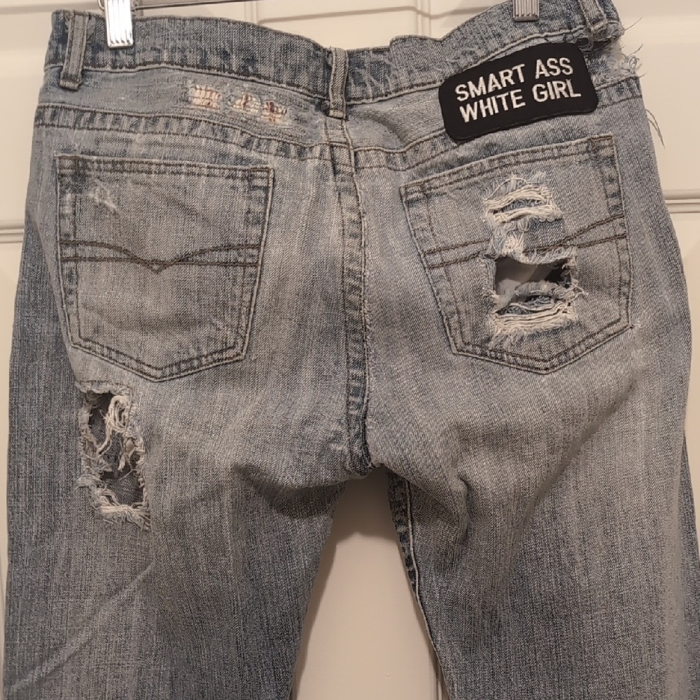 Z. Cavaricci Blue Flare Jeans with Distressed Patches - Picture 9 of 12